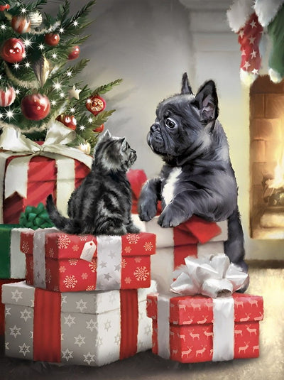 Chaton et Petit Bouledogue Broderie Diamant