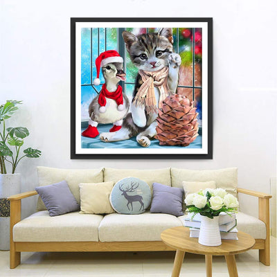 Chaton et Petit Canard de Noël Broderie Diamant