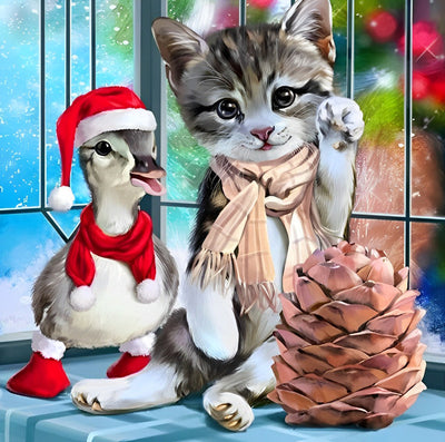 Chaton et Petit Canard de Noël Broderie Diamant