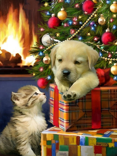 Chaton et Petit Golden Retriever Broderie Diamant
