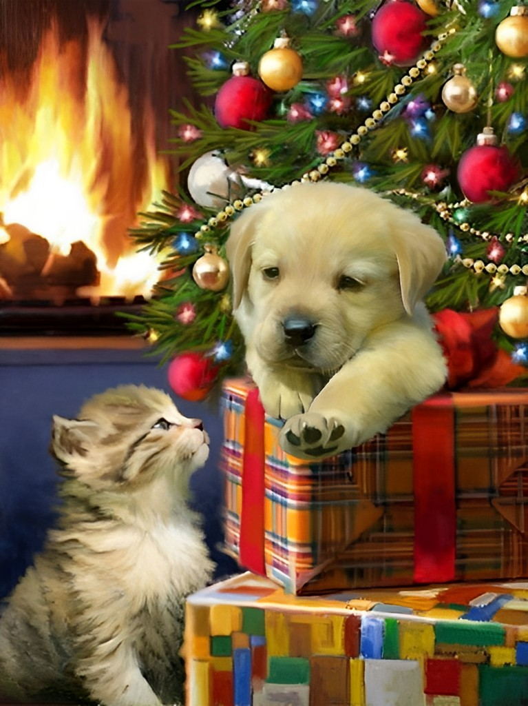 Chaton et Petit Golden Retriever Broderie Diamant