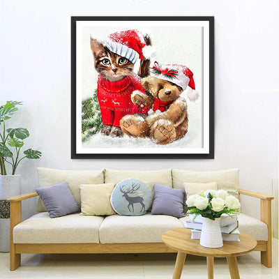 Chaton et Poupée d'Ours de Noël Broderie Diamant