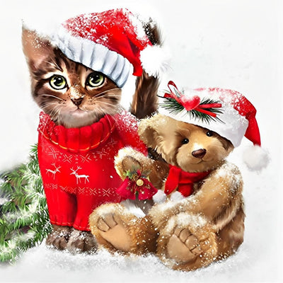 Chaton et Poupée d'Ours de Noël Broderie Diamant