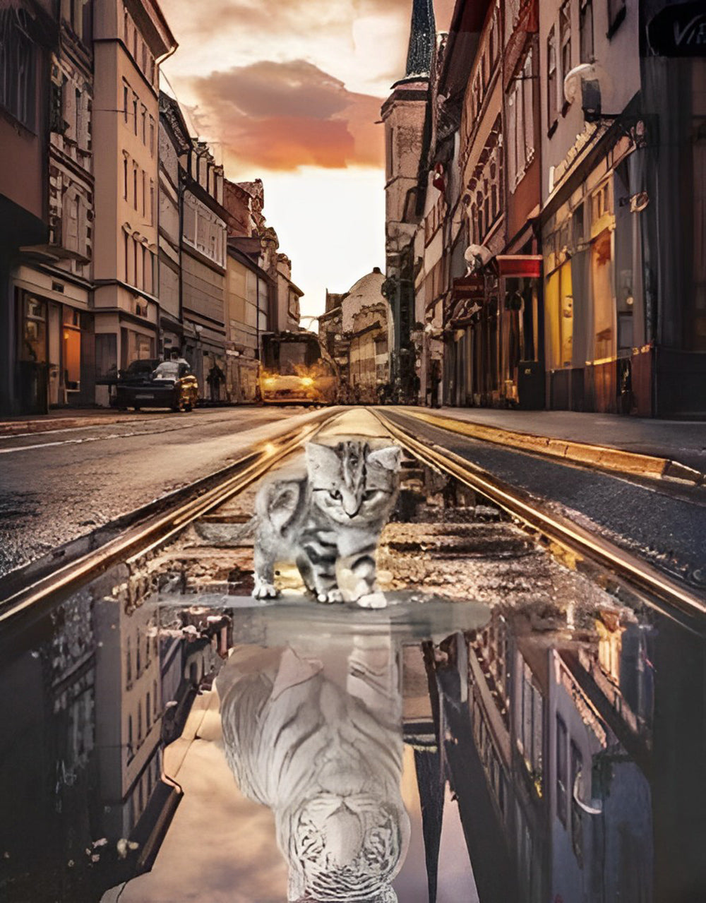 Chaton et Tigre Blanc dans la Réflection Broderie Diamant