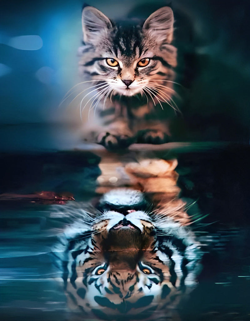 Chaton et Tigre de Sibérie dans la Réflection Broderie Diamant