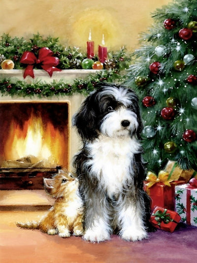 Chaton et Yorkshire Terrier Noir et Blanc Broderie Diamant