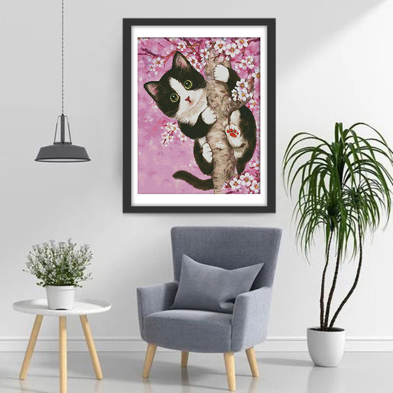 Chaton Grimpant aux Cerisiers Broderie Diamant
