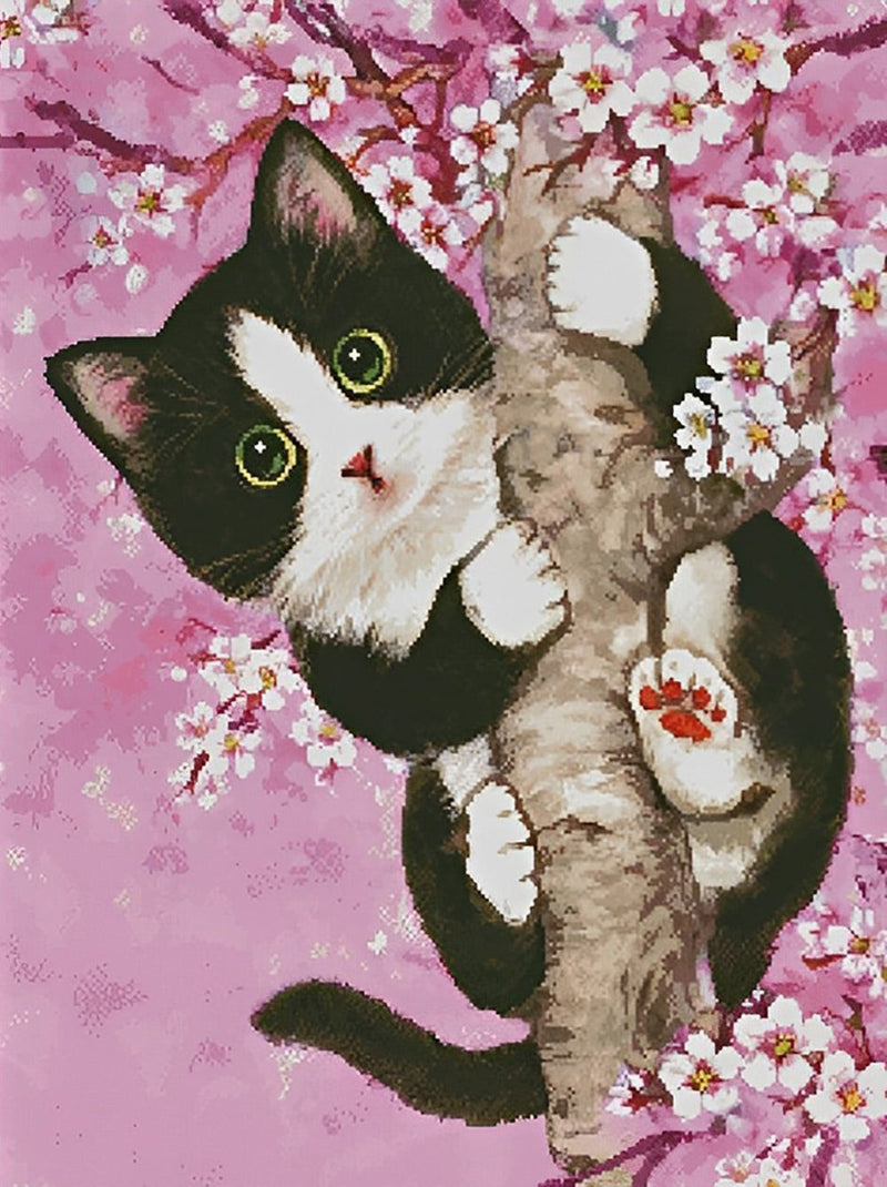 Chaton Grimpant aux Cerisiers Broderie Diamant