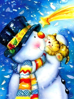 Chaton Jaune et Bonhomme de Neige Cartoon Broderie Diamant