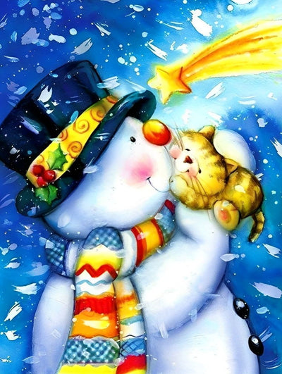 Chaton Jaune et Bonhomme de Neige Cartoon Broderie Diamant