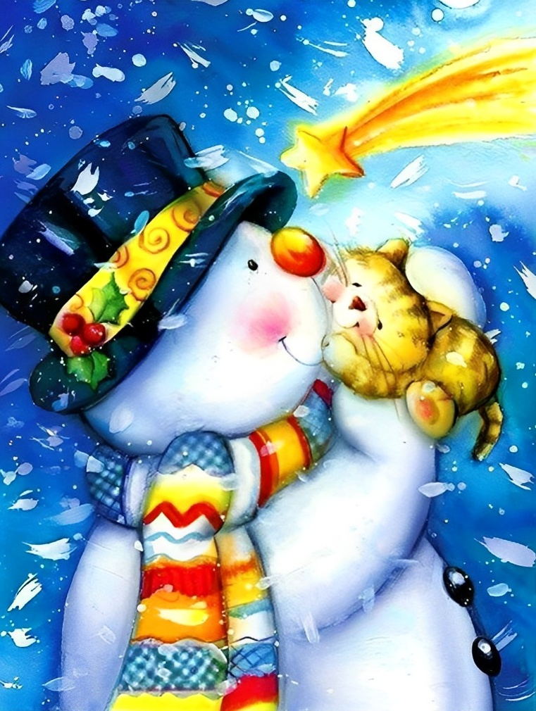 Chaton Jaune et Bonhomme de Neige Cartoon Broderie Diamant