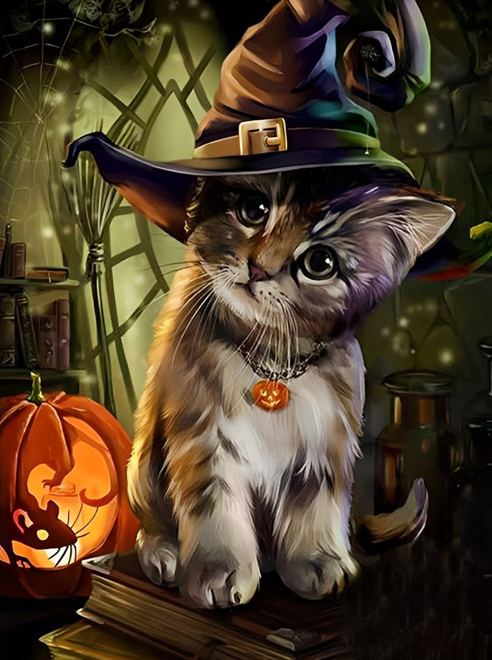 Chaton Mignon avec un Chapeau de Sorcier Broderie Diamant