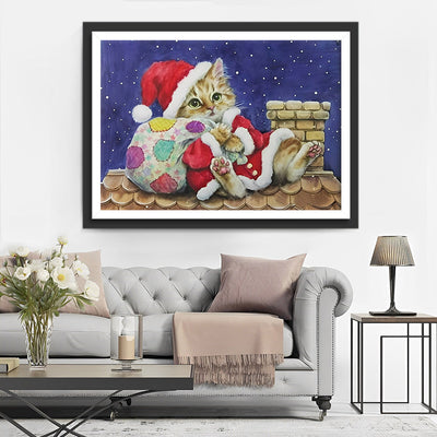 Chaton Noël sur le Toit Broderie Diamant