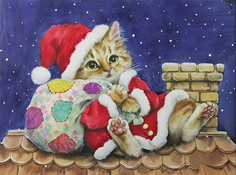 Chaton Noël sur le Toit Broderie Diamant