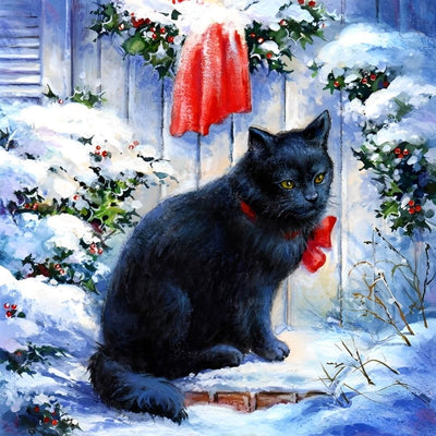 Chaton Noir avec un Noeud de Papillon Rouge Broderie Diamant