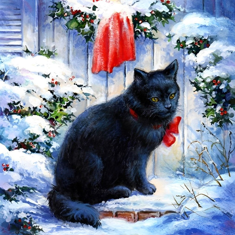 Chaton Noir avec un Noeud de Papillon Rouge Broderie Diamant