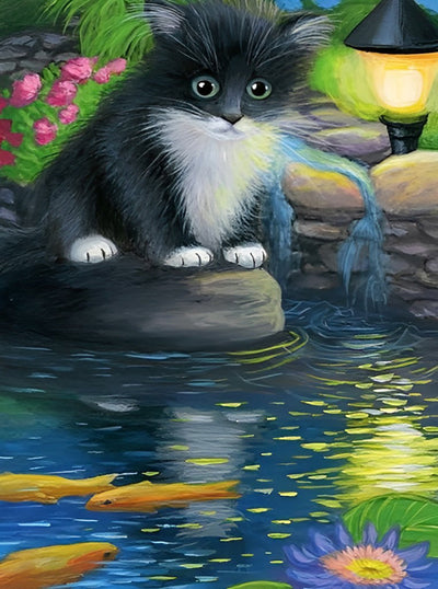 Chaton Noir et Blanc avec des Poissons Rouges Broderie Diamant