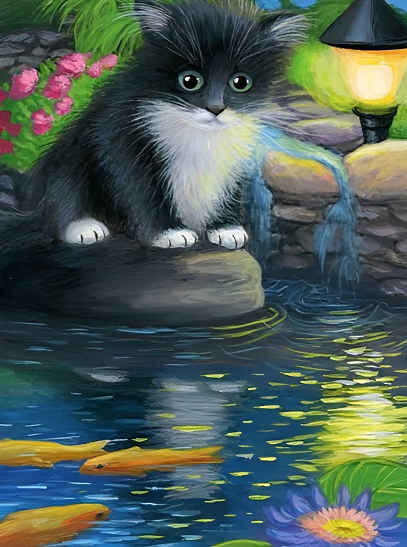 Chaton Noir et Blanc avec des Poissons Rouges Broderie Diamant