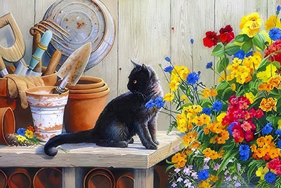 Chaton Noir et Outils de Jardin Broderie Diamant
