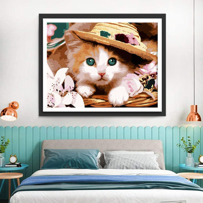 Chaton Orange au Chapeau de Paille Broderie Diamant