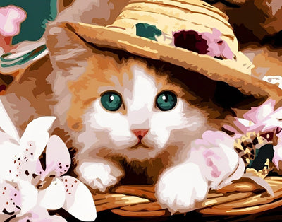 Chaton Orange au Chapeau de Paille Broderie Diamant