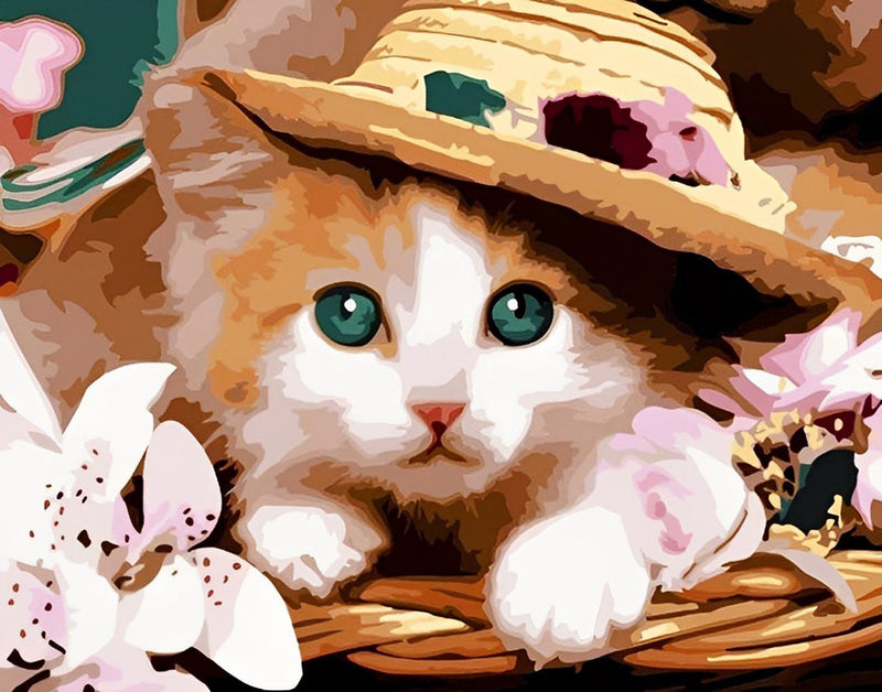 Chaton Orange au Chapeau de Paille Broderie Diamant