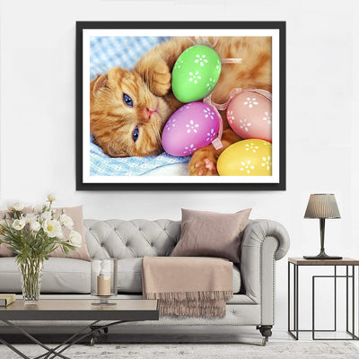 Chaton Orange avec des Œufs de Pâques Broderie Diamant