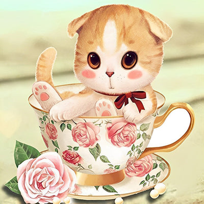 Chaton Orange dans une Tasse de Café Broderie Diamant