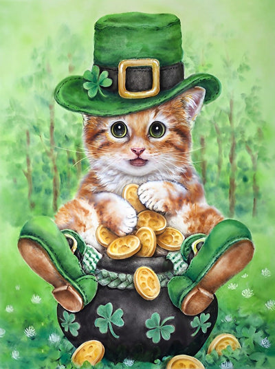 Chaton Orange en Haut-de-Forme Vert Broderie Diamant