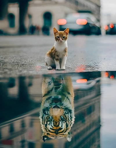 Chaton Orange et Tigre dans le Reflet dans l'Eau Broderie Diamant