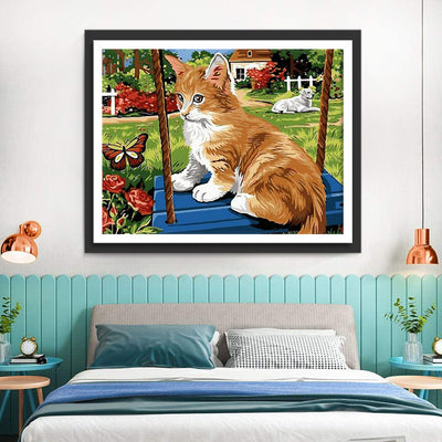 Chaton Orange Jouant sur la Balançoire et Chien Blanc Broderie Diamant