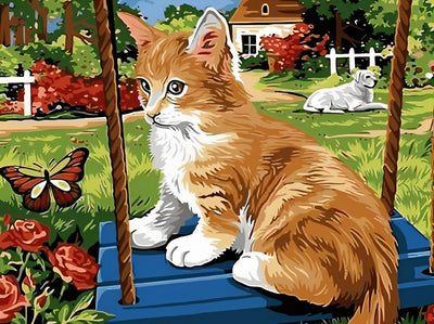 Chaton Orange Jouant sur la Balançoire et Chien Blanc Broderie Diamant