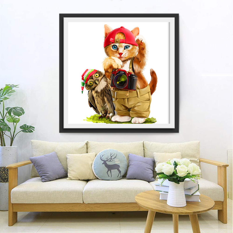 Chaton Orange Photographe et Hibou Broderie Diamant