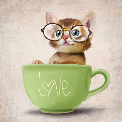 Chaton Orange Portant des Lunettes dans une Tasse de Café Broderie Diamant