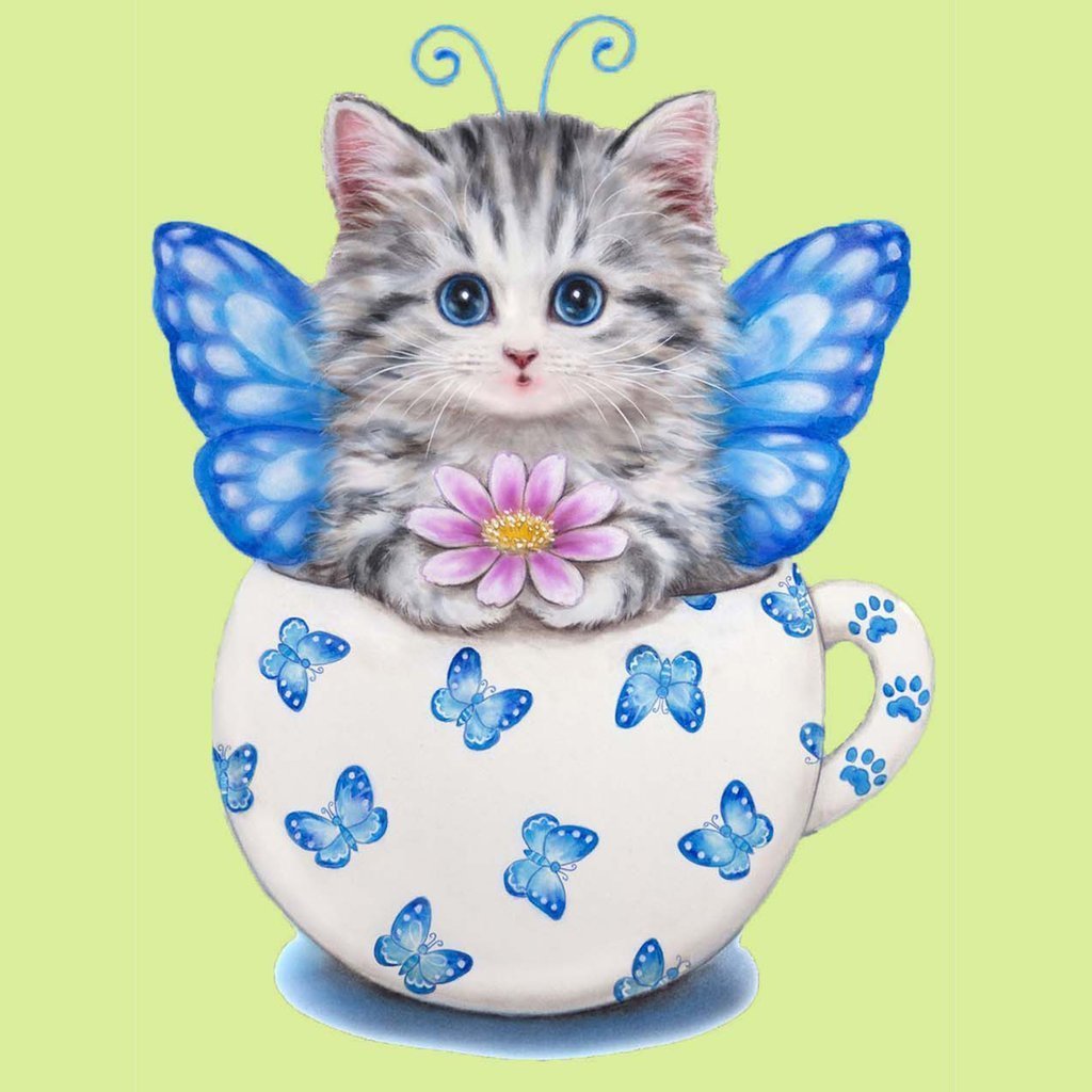 Chaton Papillon avec Fleur dans le Mug Broderie Diamant