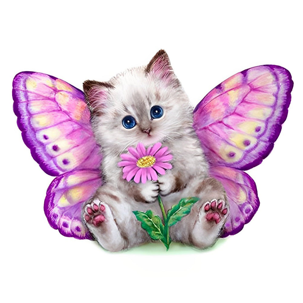 Chaton Papillon et Marguerite Broderie Diamant