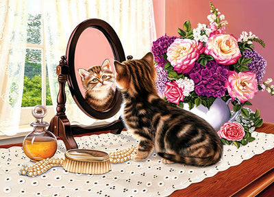 Chaton Rayé Délicat Se Regardant dans le Miroir Broderie Diamant
