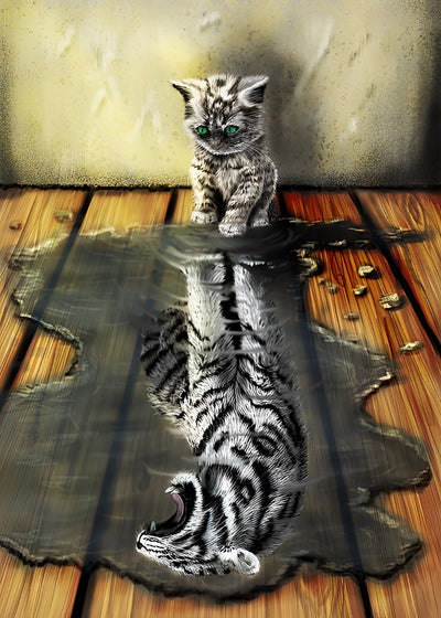 Chaton Rayé et Tigre dans la Reflet dans l'Eau Broderie Diamant