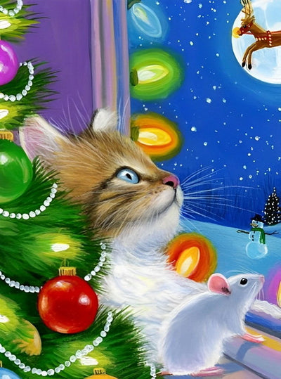 Chaton Regardant la Lune et la Renne Broderie Diamant