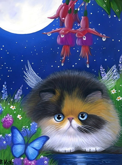 Chaton Rond sous la Lune Broderie Diamant