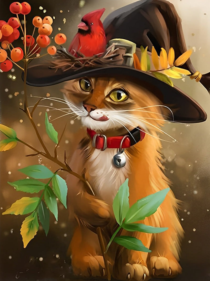 Chaton Roux avec un Chapeau de Sorcier Broderie Diamant
