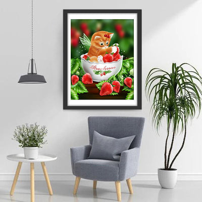 Chaton Roux et des Fraises Broderie Diamant