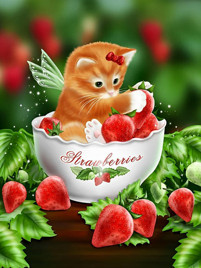 Chaton Roux et des Fraises Broderie Diamant