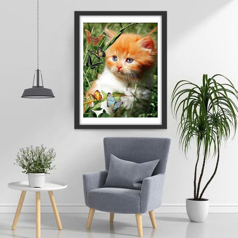 Chaton Roux et des Papillons Broderie Diamant