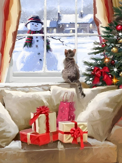 Chaton Tigré et Bonhomme de Neige Broderie Diamant
