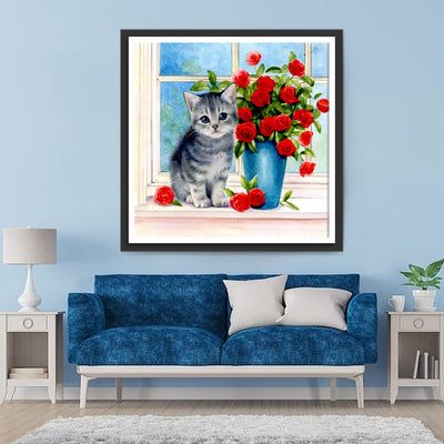 Chaton Tigré et Bouquet de Rose Rouge Broderie Diamant