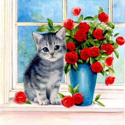 Chaton Tigré et Bouquet de Rose Rouge Broderie Diamant