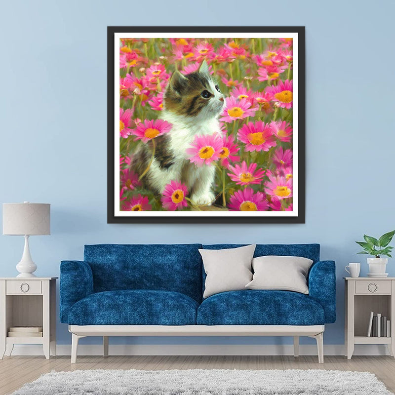 Chaton Tigré et Marguerites Roses Broderie Diamant