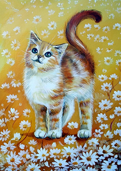 Chaton Tigré Orange et les Marguerites Blanches Broderie Diamant