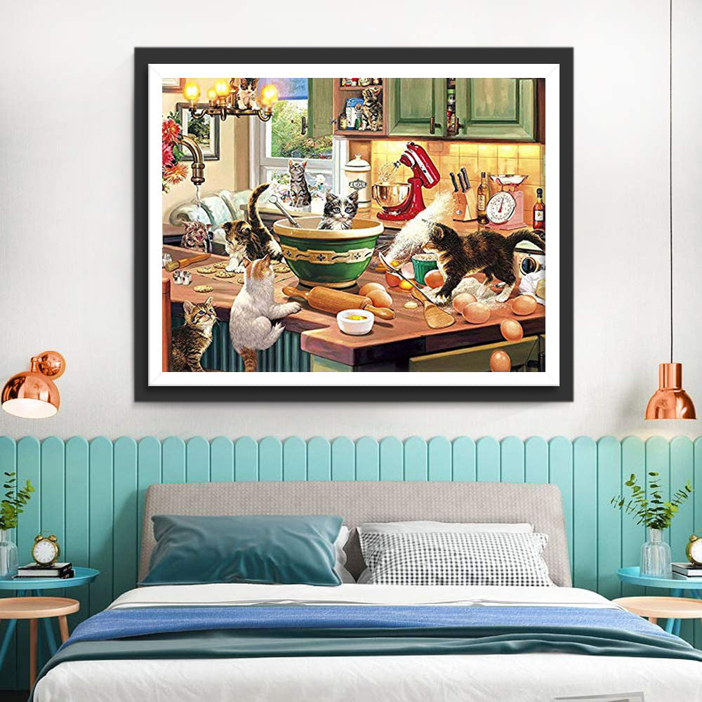 Chatons dans la Cuisine Broderie Diamant